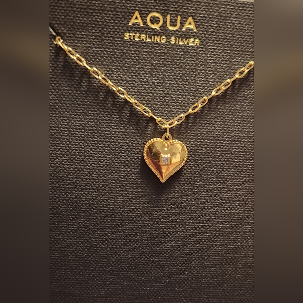 AQUA, STERLING SILVER, GOLD PLATED HEART WITH CZ IN CENTER